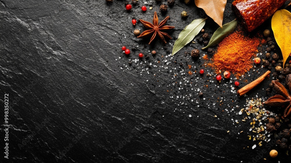 Assorted Spices on a Black Stone Background Assorted Spices on a Black Stone Background