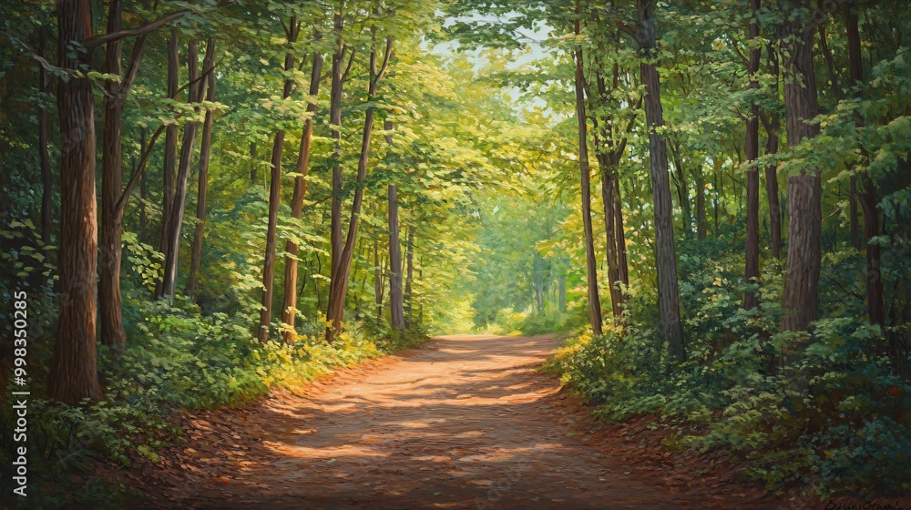 Fototapeta premium A sunlit path winds through a lush forest, dappled light creating a magical atmosphere.
