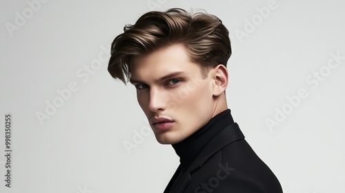 Discover the latest stylish hairstyles for men, showcased against a crisp white backdrop, providing inspiration for designers seeking to elevate their creations with on-trend grooming options.  photo