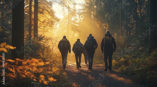 A group of friends exploring a forest trail, with sunlight filtering through the trees