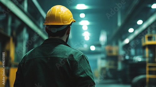 Focused and Safe: A Dedicated Factory Worker in a Dynamic Industrial Environment with Blurred Background