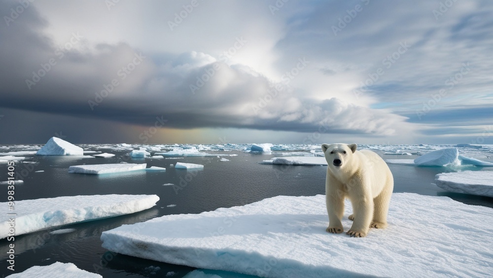 A polar bear stands on a piece of a broken iceberg in the Arctic A polar bear stands on a piece of a broken iceberg in the Arctic