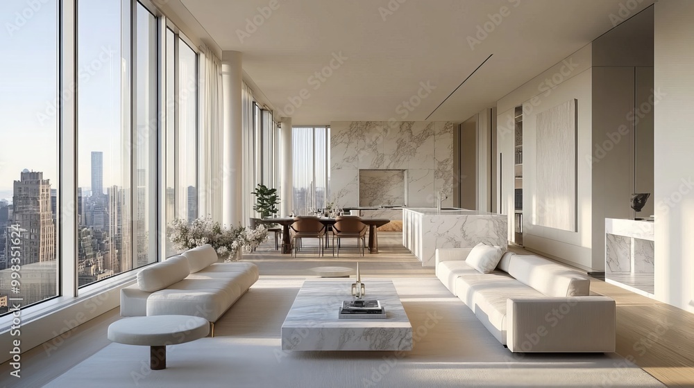 Expansive windows flood a modern apartment with daylight, illuminating a light luxury interior. Minimalist design reigns, with marble accents adding a touch of sophistication to the kitchen Expansive windows flood a modern apartment with daylight, illuminating a light luxury interior. Minimalist design reigns, with marble accents adding a touch of sophistication to the kitchen