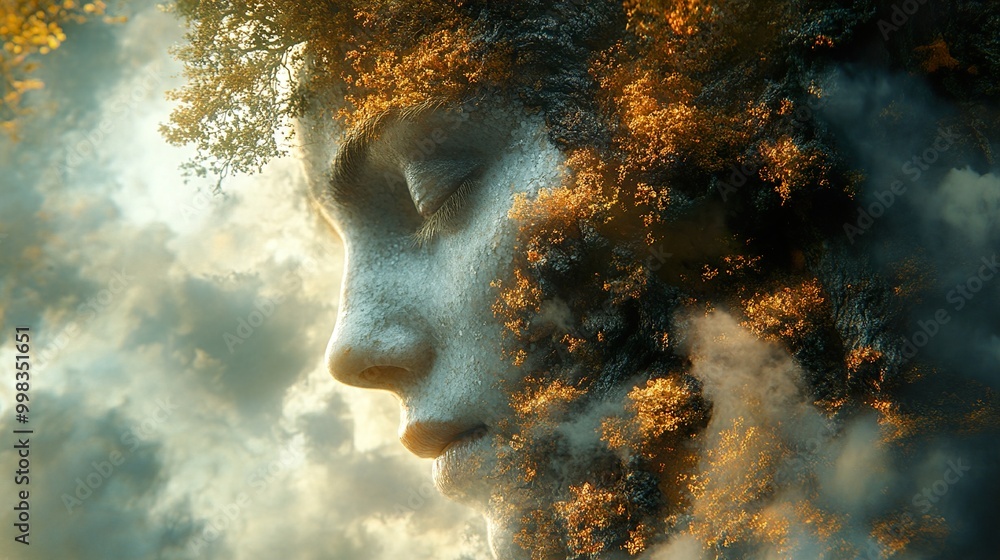 Surreal Dream: A Human Face Emerging from a Golden Forest Surreal Dream: A Human Face Emerging from a Golden Forest
