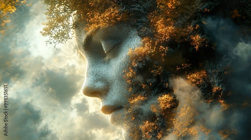 Surreal Dream: A Human Face Emerging from a Golden Forest