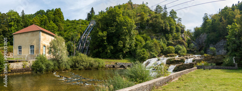 Pertes de l'Ain waterfalls and hydro-electric facility in Bourg-de-Sirod, Jura, France