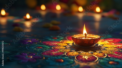 Diwali, Hindu festival of lights celebration. Diya oil lamps against dark background with generative ai photo