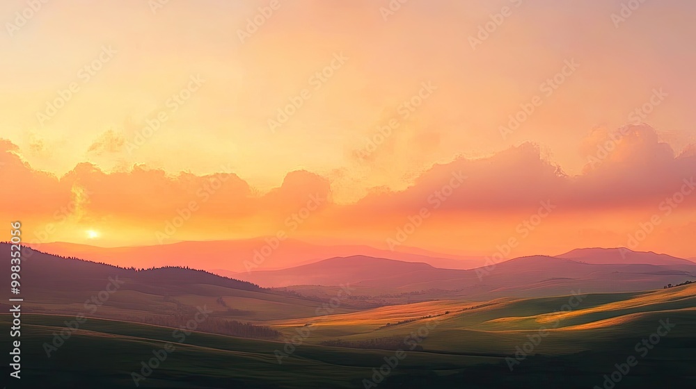 Obraz premium Sunset over rolling hills, the sky painted in warm orange and pink hues, serene atmosphere