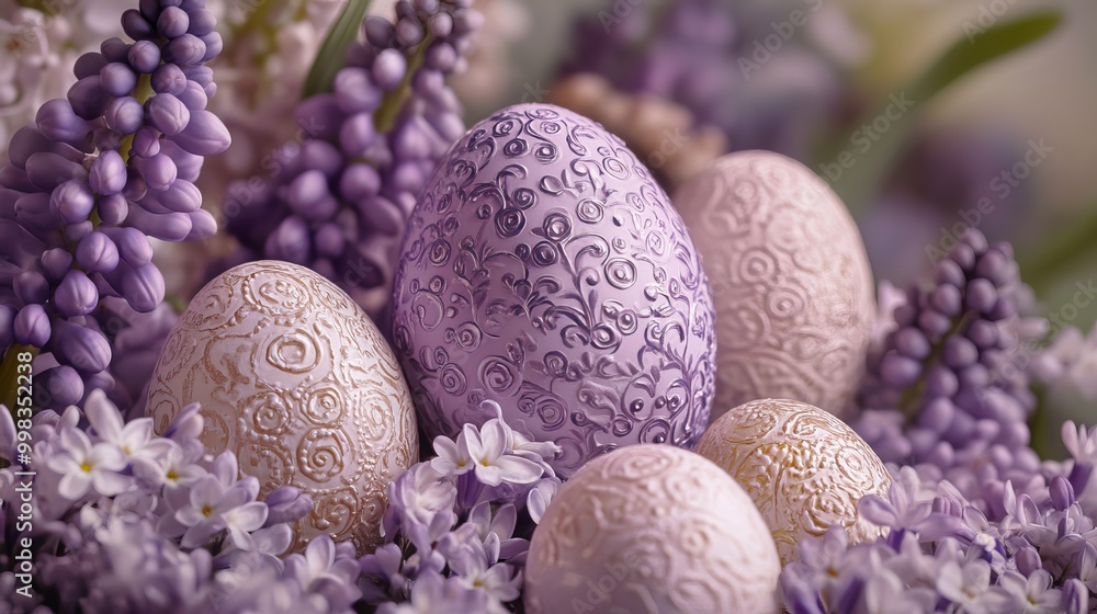 Exquisite Easter decorations in soft lilac hues. Delicate pastel eggs are adorned with intricate patterns, nestled amidst vibrant muscari flowers. The captivating arrangement evokes a serene Exquisite Easter decorations in soft lilac hues. Delicate pastel eggs are adorned with intricate patterns, nestled amidst vibrant muscari flowers. The captivating arrangement evokes a serene