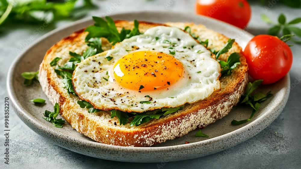 Fresh sunny-side up egg on toast with greens tomatoes Fresh sunny-side up egg on toast with greens tomatoes