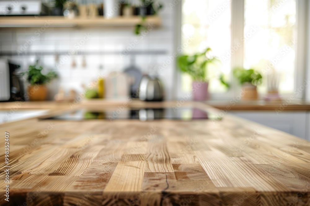 Rustic Wooden Kitchen Counter with Modern Shelves and Kitchenware Rustic Wooden Kitchen Counter with Modern Shelves and Kitchenware