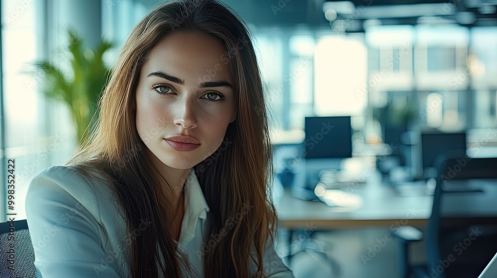 Woman in a corporate office, working on a project with focus and determination Woman in a corporate office, working on a project with focus and determination