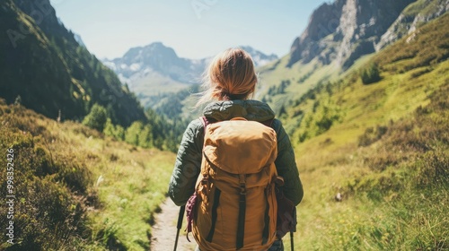 Woman hiking in the mountains, enjoying the fresh air and scenery