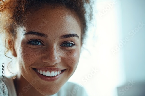 Young Woman With Curly Hair Smiles Warmly, Showcasing Her Freckles and Bright Blue Eyes in a Well-Lit Indoor Setting Free Download Young Woman With Curly Hair Smiles Warmly, Showcasing Her Freckles and Bright Blue Eyes in a Well-Lit Indoor Setting - GFXLoad