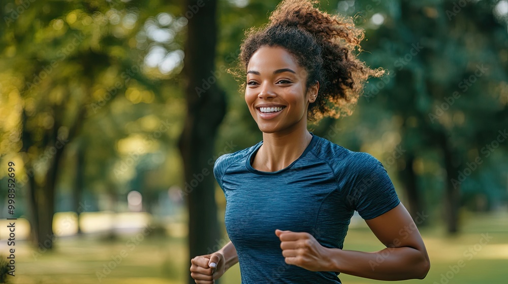 Woman running through a park, smiling and energized, enjoying her workout Woman running through a park, smiling and energized, enjoying her workout