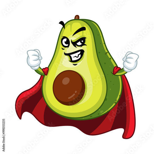 Superhero avocado with cape, cartoon illustration.