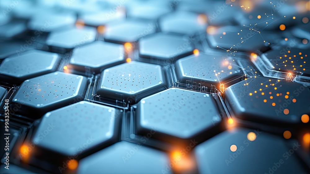 A 3D rendering illustrates a futuristic white hexagon background with particle waves. A 3D rendering illustrates a futuristic white hexagon background with particle waves.