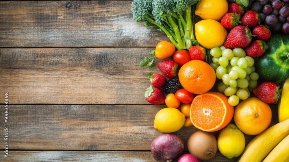 Vibrant Assortment of Fresh Fruits and Vegetables Displayed on a Rustic Wooden Table, Embodying Balanced Diet and Natural Gut Nutrition for Holistic Wellness. Vibrant Assortment of Fresh Fruits and Vegetables Displayed on a Rustic Wooden Table, Embodying Balanced Diet and Natural Gut Nutrition for Holistic Wellness.