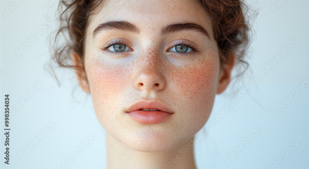 Close up of a beautiful young woman face with freckles