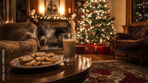 In a warm and inviting Christmas living room, bathed in soft candlelight, a cozy ambiance fills the air. A plate of freshly baked cookies rests on the coffee table