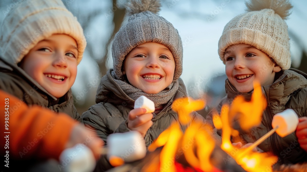 Three children are roasting marshmallows over a campfire, AI Three children are roasting marshmallows over a campfire, AI