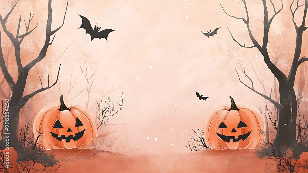 Charming Halloween scene with pumpkins and flying bats surrounded by autumn leaves Charming Halloween scene with pumpkins and flying bats surrounded by autumn leaves
