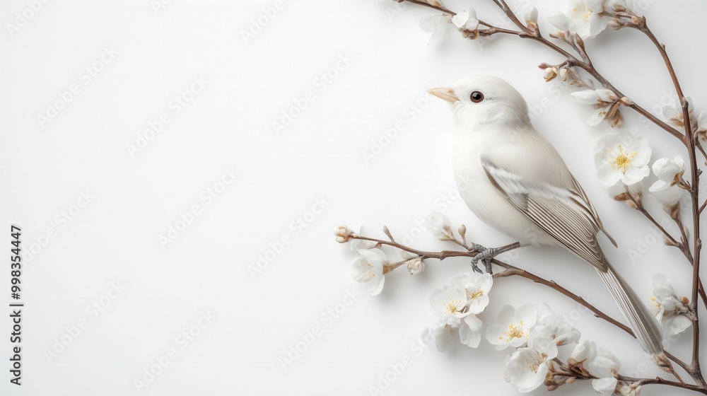 A white bird perched on a blossoming branch against a clean white background. A white bird perched on a blossoming branch against a clean white background.