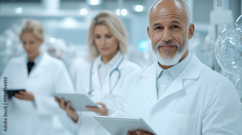 A group of doctors in white coats holding tablets and smiling, AI A group of doctors in white coats holding tablets and smiling, AI