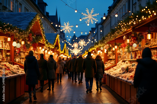 Christmas market, stalls selling decorations, festive lights, people browsing, joyful holiday mood_00001_