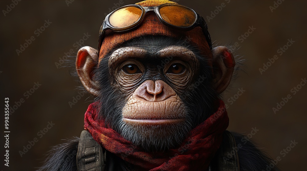 Close-Up Portrait of a Chimpanzee Wearing Goggles and a Scarf Close-Up Portrait of a Chimpanzee Wearing Goggles and a Scarf