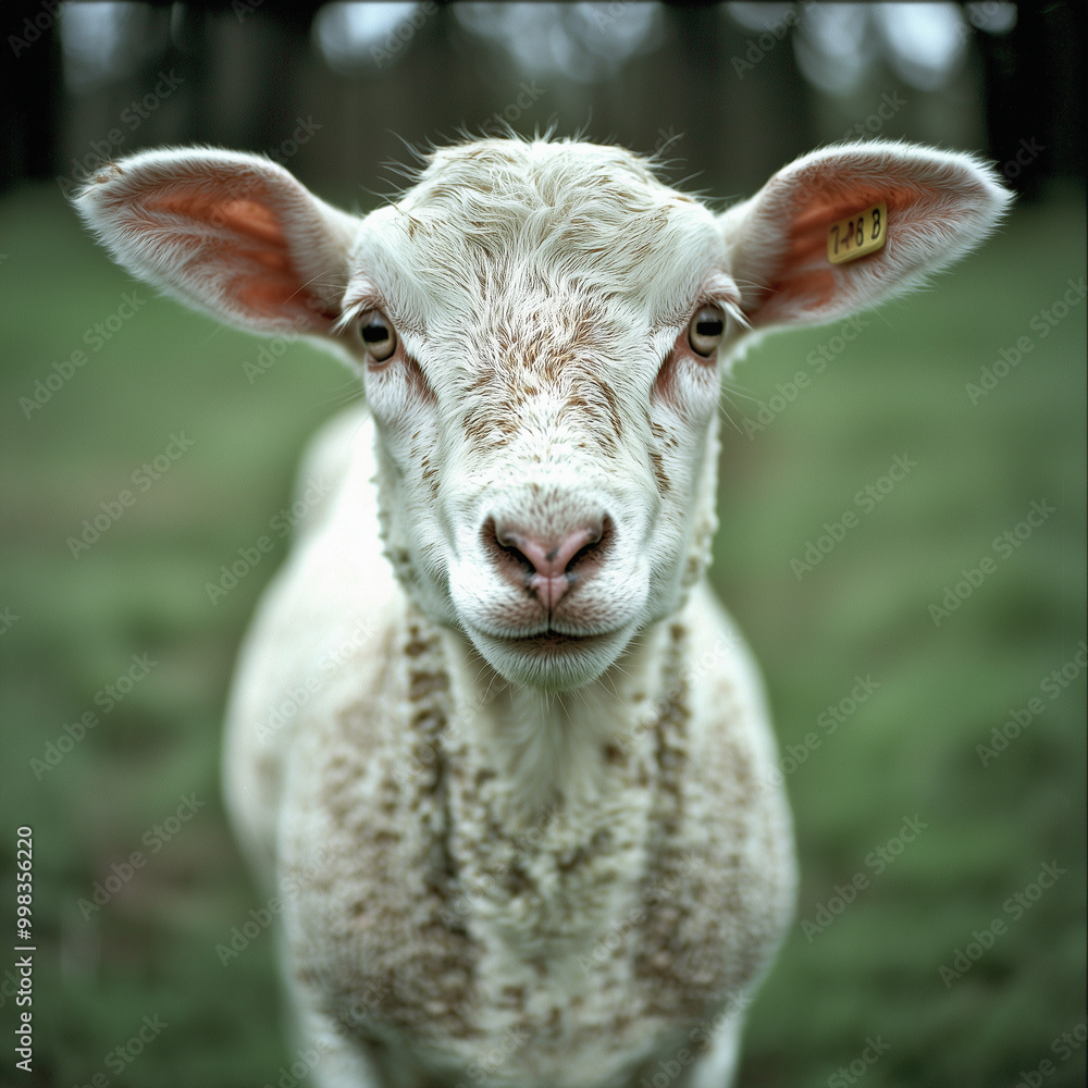 A closeup of a curious white lamb's face, soft wool illuminated by gentle sunlight. The lamb's expressive eyes stand out against the blurred backdrop of green grass and sky. A closeup of a curious white lamb's face, soft wool illuminated by gentle sunlight. The lamb's expressive eyes stand out against the blurred backdrop of green grass and sky.