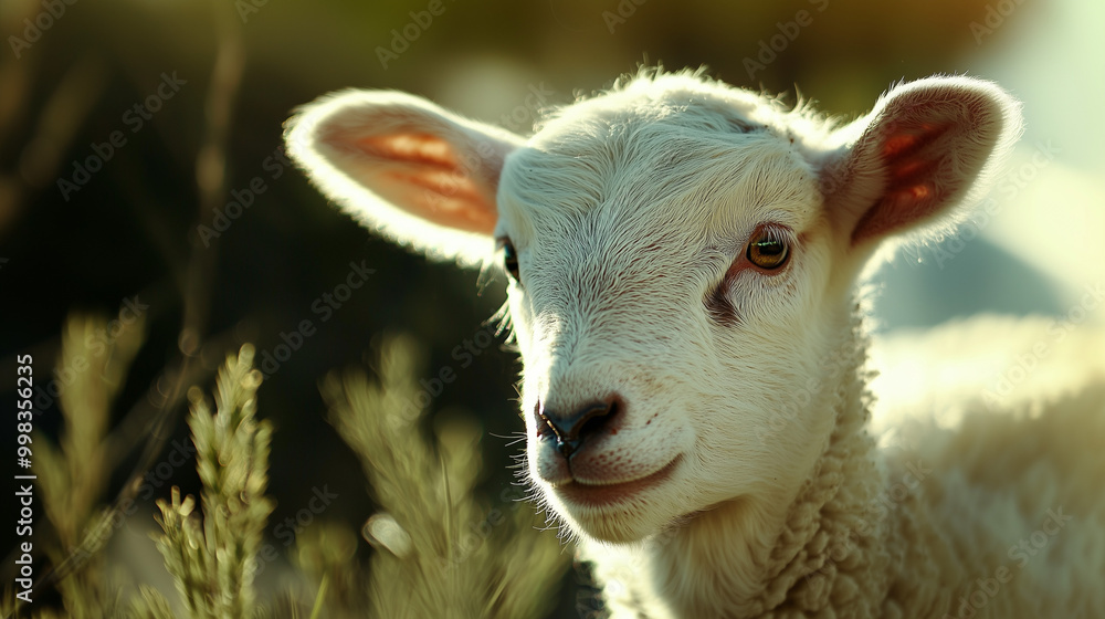 Fototapeta premium A closeup of a curious white lamb's face, soft wool illuminated by gentle sunlight. The lamb's expressive eyes stand out against the blurred backdrop of green grass and sky.