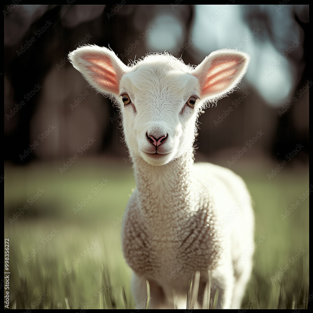A closeup of a curious white lamb's face, soft wool illuminated by gentle sunlight. The lamb's expressive eyes stand out against the blurred backdrop of green grass and sky. A closeup of a curious white lamb's face, soft wool illuminated by gentle sunlight. The lamb's expressive eyes stand out against the blurred backdrop of green grass and sky.