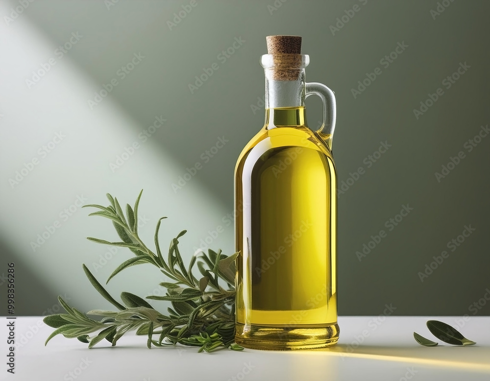 Clear olive oil bottle with fresh herbs on minimalist background Clear olive oil bottle with fresh herbs on minimalist background