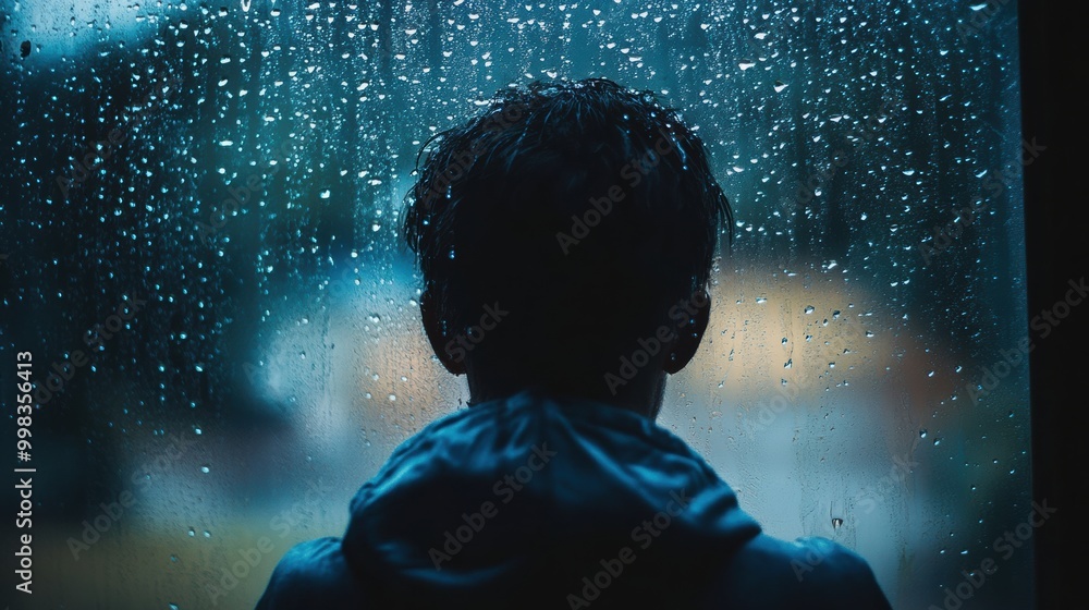 A person stands alone, staring out at the rain-covered window, lost in thoughts as raindrops trickle down the glass. Generative AI A person stands alone, staring out at the rain-covered window, lost in thoughts as raindrops trickle down the glass. Generative AI