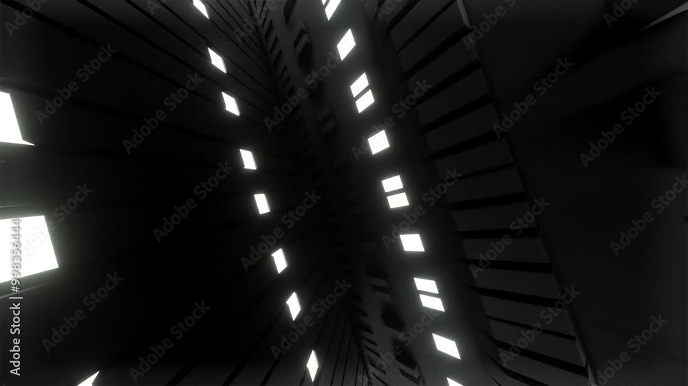 This stock motion graphic shows an abstract 3D space with flashing lights. This stock motion graphic shows an abstract 3D space with flashing lights.