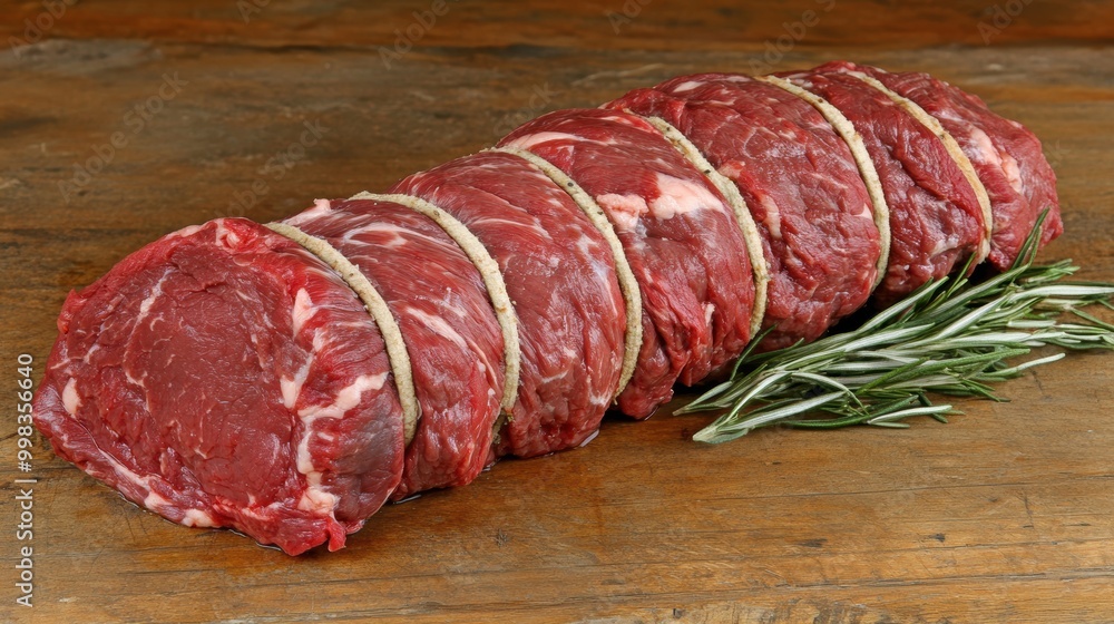 Fresh raw beef tenderloin cuts tied with twine on wooden surface Fresh raw beef tenderloin cuts tied with twine on wooden surface