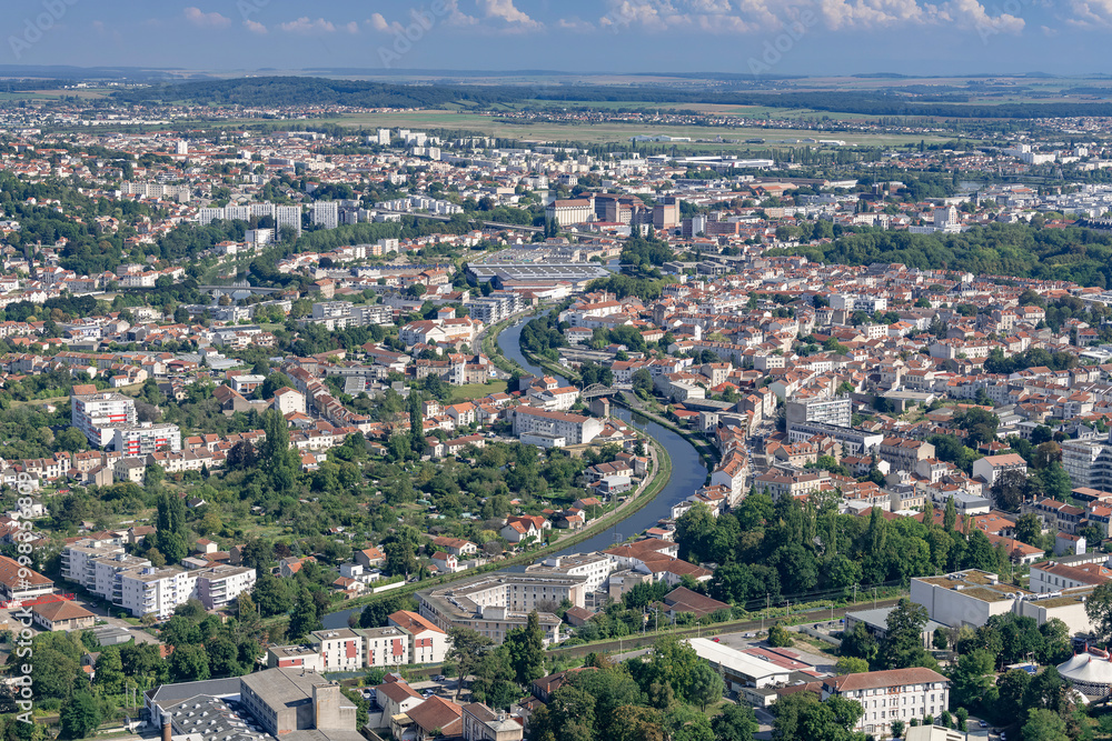 Nancy, France - September 21th 2024 : View Nancy metropolis seen from the 16th floor of the Panoramic Tower with the Marne-Rhine canal winding through the middle of the city. Nancy, France - September 21th 2024 : View Nancy metropolis seen from the 16th floor of the Panoramic Tower with the Marne-Rhine canal winding through the middle of the city.