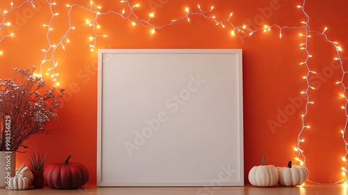Minimalist studio backdrop featuring a blank white frame against a vibrant orange wall adorned with white fairy lights. Ideal for showcasing products or creating a festive Halloween atmosphere. 