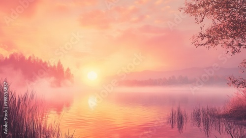 A sunrise over a serene lake, with mist rising from the water and the sky painted in shades of pink and orange