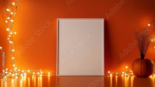 Minimalist studio backdrop featuring a blank white frame against a vibrant orange wall adorned with white fairy lights. Ideal for showcasing products or creating a festive Halloween atmosphere. 