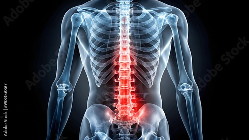 Wallpaper Mural Anatomical illustration of a human spine shown in x-ray, highlighting the lumbar region with red indicators for pain or injury. Torontodigital.ca