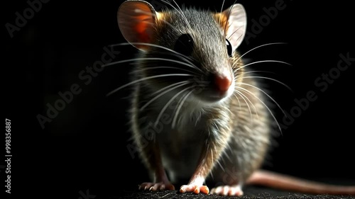 A gray rat sits on a dark surface, its whiskers twitching