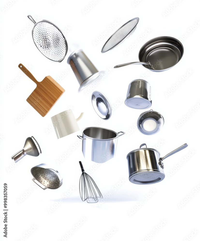 Assorted kitchen utensils and cooking tools floating in mid-air. Assorted kitchen utensils and cooking tools floating in mid-air.