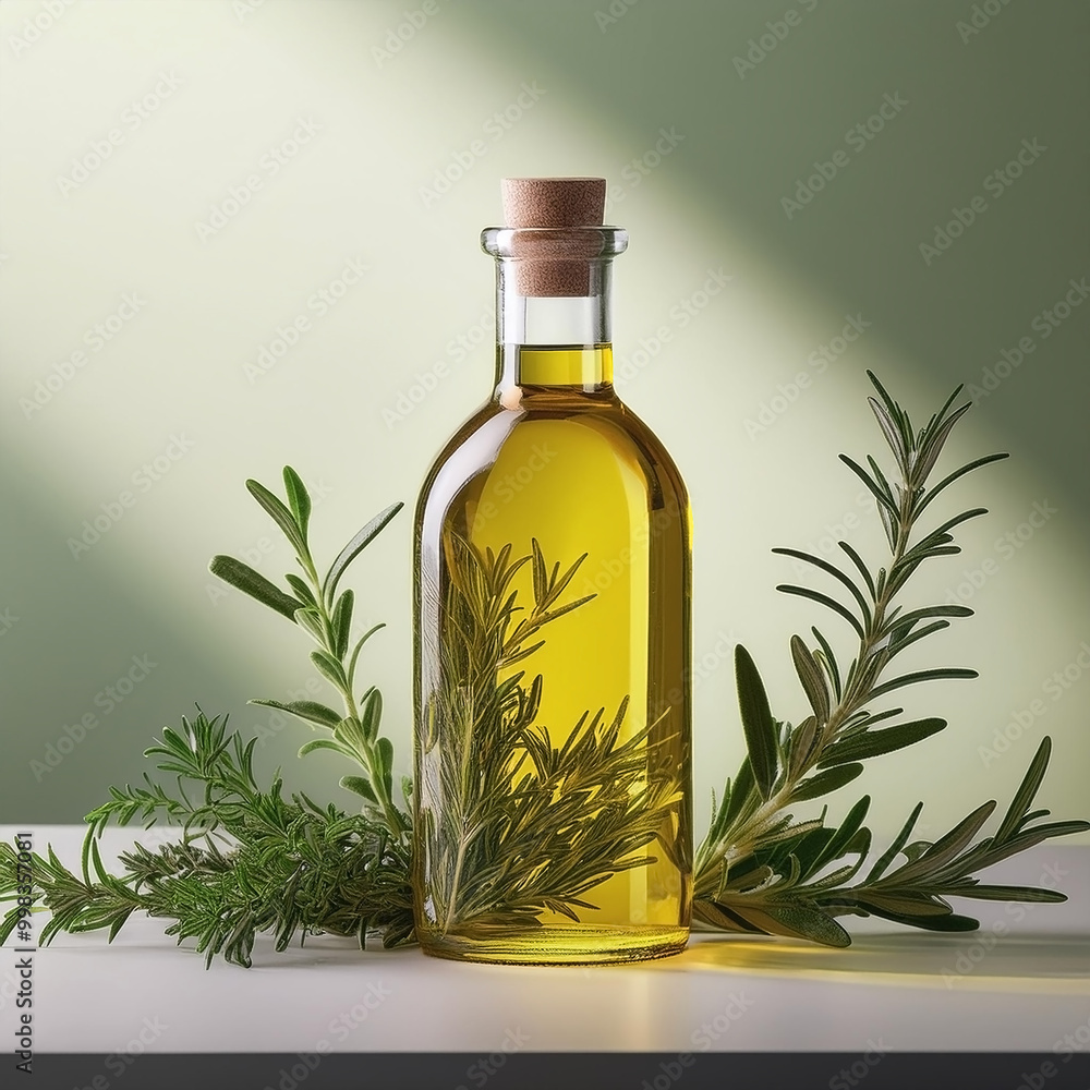Clear olive oil bottle with fresh herbs on minimalist background Clear olive oil bottle with fresh herbs on minimalist background