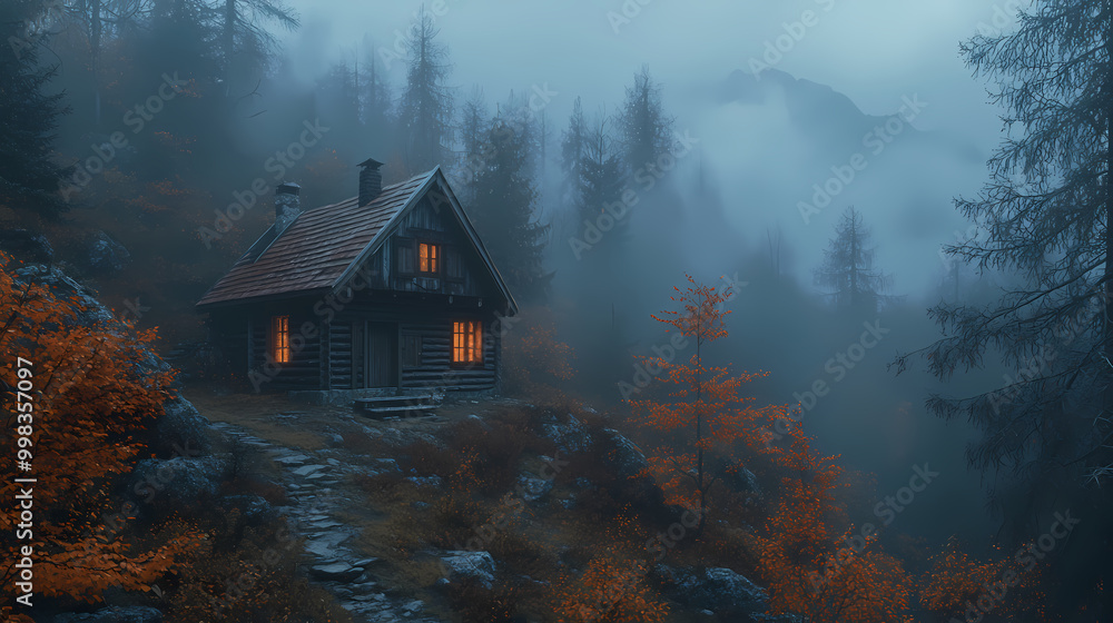 An old house in natural view.big mountain.An isolated mountain hut in the foggy forest. An old house in natural view.big mountain.An isolated mountain hut in the foggy forest.