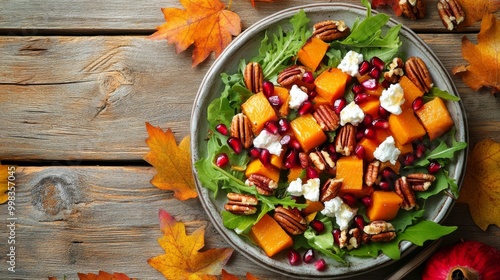 Seasonal fall salad with pomegranate, goat cheese, and maple vinaigrette