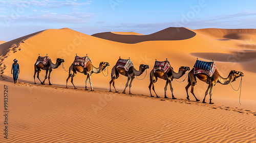 a Tuareg nomad leading a camel caravan across golden sand dunes at dawn