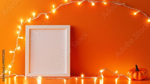 Minimalist studio backdrop featuring a blank white frame against a vibrant orange wall adorned with white fairy lights. Ideal for showcasing products or creating a festive Halloween atmosphere. 