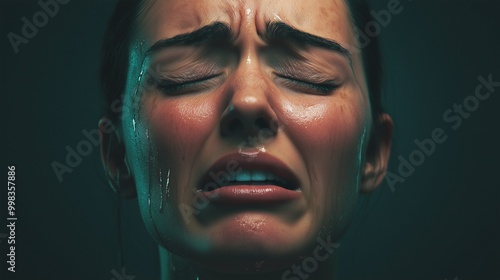 A close-up portrait of a distressed person expressing deep emotional pain and vulnerability, showcasing tears and intense emotion.